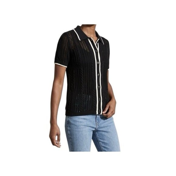 Jason Wu Tops - Jason Wu Black Crocheted Cable Knit Button-Down Shirt Size L